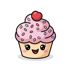 Kawaii Cupcake with Sprinkles and Cherry &ndash; Cute Dessert Art