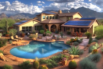 Obraz premium Luxury Desert Home with Solar Panels and Pool