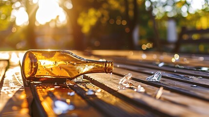 Shattered glass bottle with spilled liquid on wooden table, symbolizing the consequences of alcohol abuse and addiction. Broken glass and liquid spillage concept.