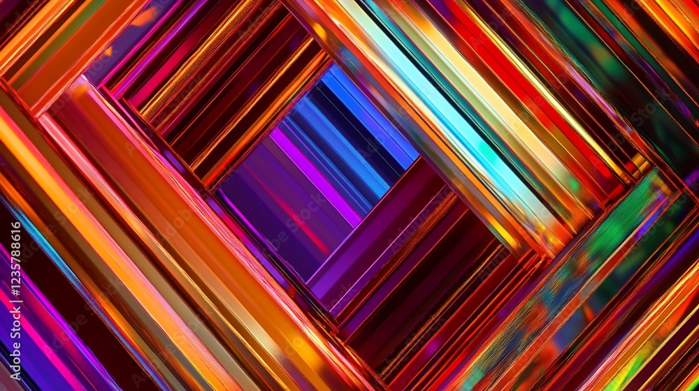 Poster abstract geometric pattern with colorful metallic stripes and a central square