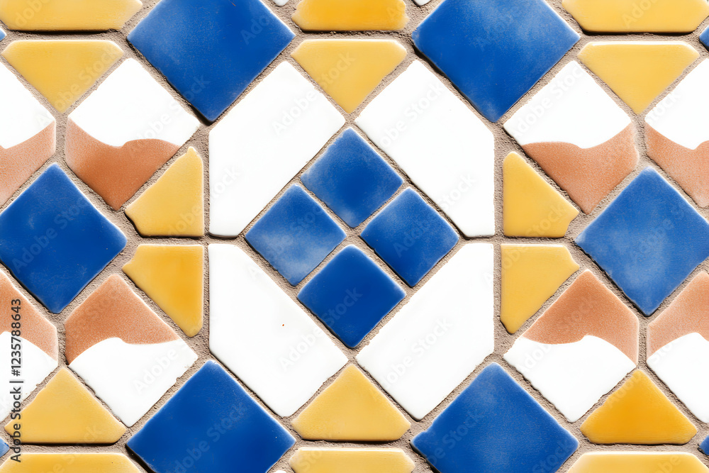 Poster a vibrant tile mosaic featuring blue, yellow, and white patterns. this design can enhance any archit