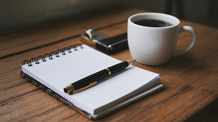 A notepad with a pen resting on top.