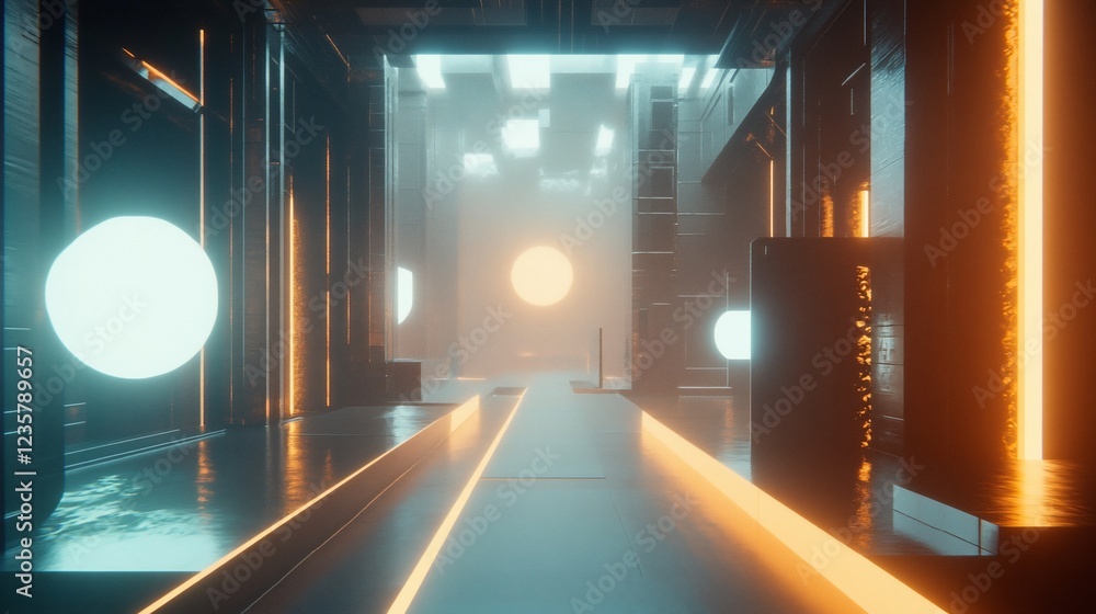 Poster futuristic corridor with glowing orbs and linear lights in a sci-fi setting