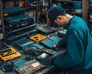 Person repairing vintage electronics cluttered workshop