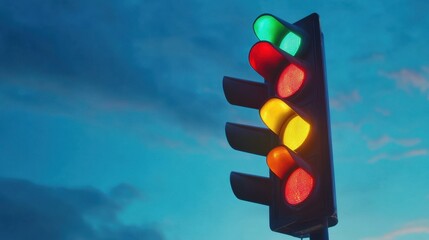 Traffic light on blue background with copy space. Close up glowing traffic signal on evening sky. Traffic control, road safety and regulation on road concept. Red, yellow and green lights on semaphore