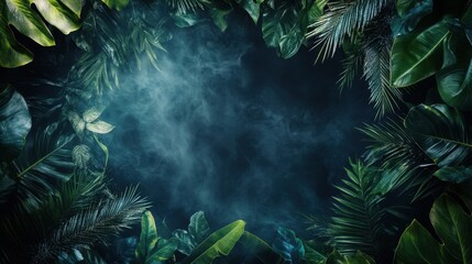 Wooden frame with spirit light in tropical leaves on black background with copy space. Magical portal with mysterious luminous mist. Border with paranormal extrasensory light haze. Mystery ads banner 