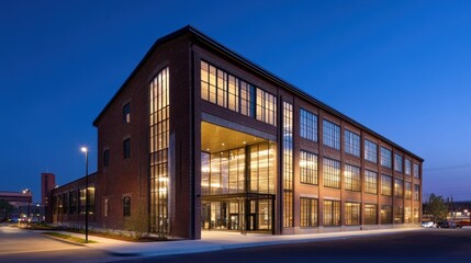 Obraz premium A modern brick building with large windows, illuminated at dusk, likely serving as a public space.
