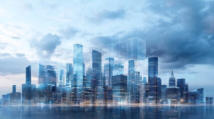 Modern City Skyline with Digital Network Overlay