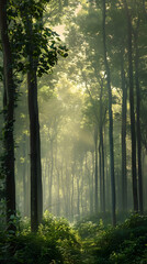 Fototapeta premium Dawn's Gentle Embrace: A Tranquil Morning in the Heart of the Forest