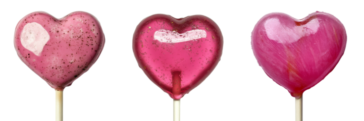 Three heart-shaped lollipops in varying shades of pink, each on a stick, displaying glossy surfaces and intricate designs.