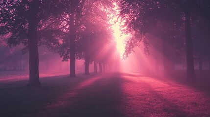 Obraz premium Magical Pink Sunrise Rays Through Misty Forest Path Dreamlike Nature Scene