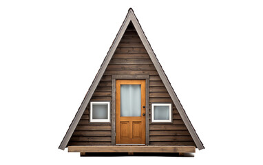 a triangular wooden house with a door