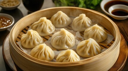 Delicious Chinese Dumplings in Bamboo Steamer