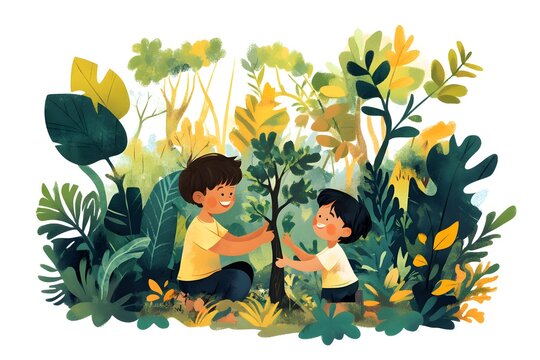 A father, mother, and child planting trees in a flat illustration, promoting sustainability and environmental awareness for Earth Day and World Tree Day.
