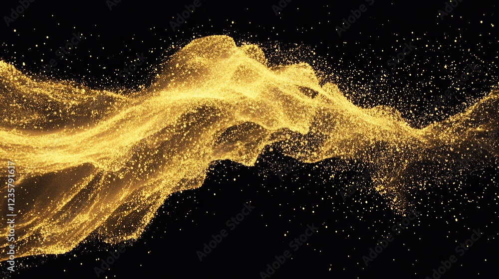 Poster golden particles flow across a black background, creating an abstract effect