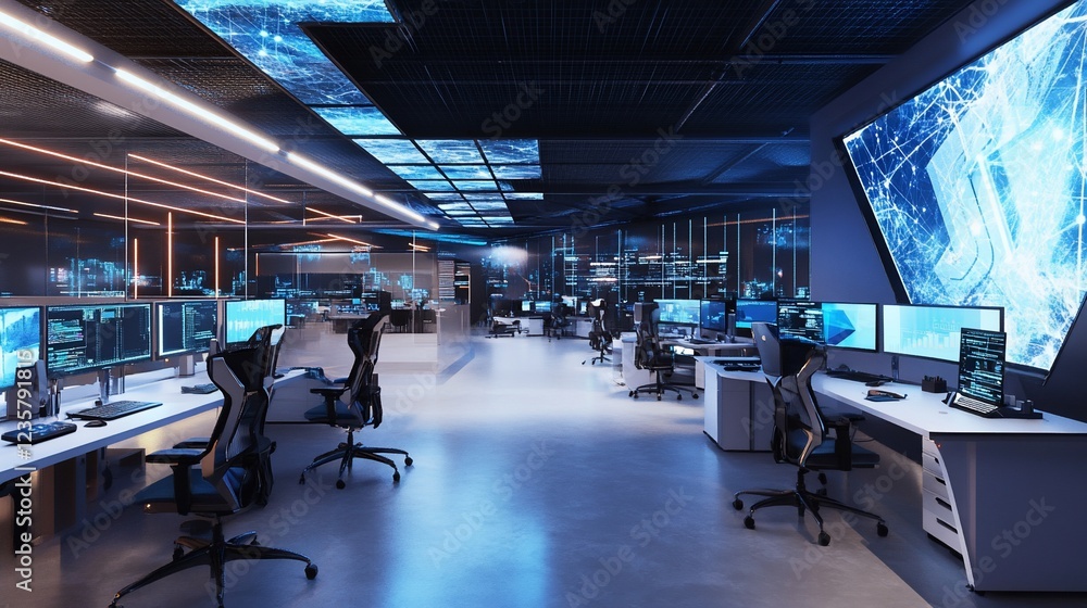 Poster modern futuristic control room with high-tech monitors and data visualization