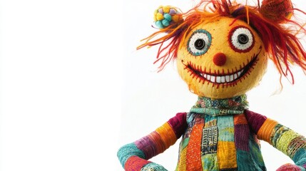A cartoon-style ragdoll with stitched limbs and button eyes, wearing a patchwork outfit, smiling cheerfully, and set against a bright white background.