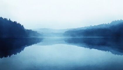 Fototapeta premium Serene Misty Lake Landscape with Silhouetted Hills