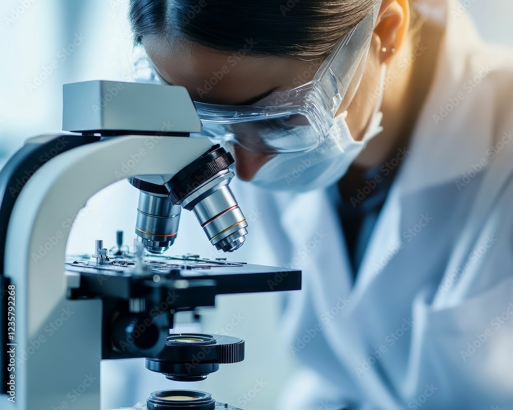 Poster scientist intently views specimen through microscope