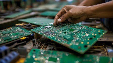 Fototapeta premium Hands inspecting green circuit boards electronics repair