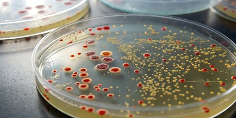 Bacterial growth in petri dishes under laboratory lighting, scientific research