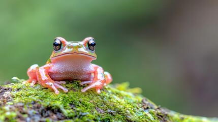 Obraz premium Colorful frog on moss, rainforest background; nature photography
