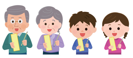 俳句を詠む高齢者と子ども　セット　イラスト