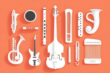 Obraz premium A colorful top-view illustration of various musical instruments, ideal for backgrounds, websites, and social media posts honoring the universal joy of World Music Day.