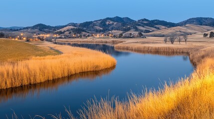 Obraz premium Serene twilight river, Montana town, hills, calm water, nature photography