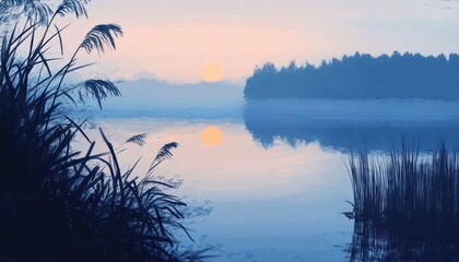 Fototapeta premium Serene Sunset Over Calm Lake With Reeds