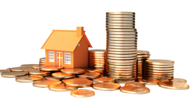 a house and stacks of coins