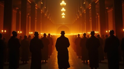 A minimalist photo of monks chanting in unison in a candlelit temple hall, embodying the harmonious and spiritual atmosphere of a Buddhist monastery