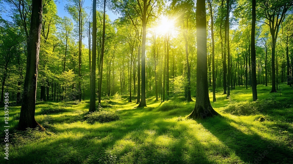 Poster sunlight filtering through lush green trees in a forest creating a magical scene