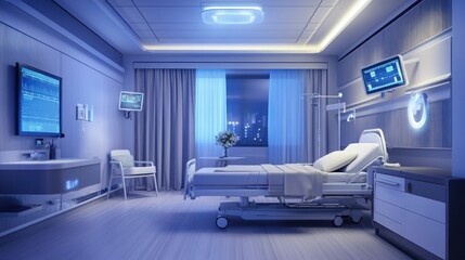 A modern hospital room featuring a bed, monitors, and calming lighting.