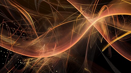 Abstract swirling lines in shades of orange and gold on a dark background with small dots