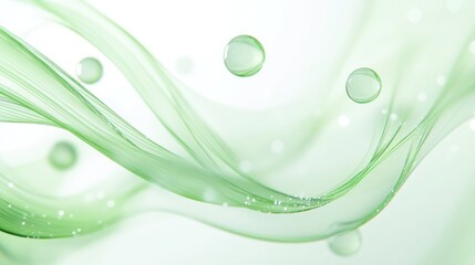 Obraz premium Glowing green wave lines intertwining with 3D spheres on an ash white background, leaving ample space for text in the center.