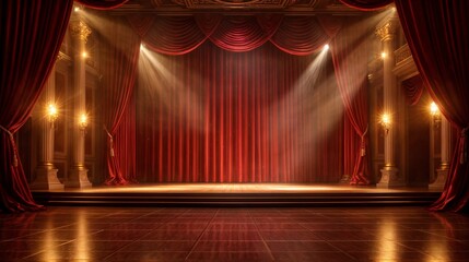 A classic ballet stage with soft white and golden lighting, delicate curtains framing the background, and subtle reflections on the polished wooden floor., curtain, theater, stage, velvet, show, enter