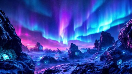 A futuristic cyberpunk-inspired aurora borealis, featuring electrifying shades of blue, pink, and violet over a distant alien planet with floating rock formations and mysterious lights