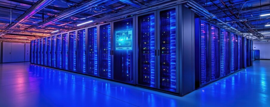 Futuristic digital data center with glowing interface and advanced technology