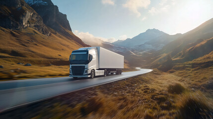Modern white commercial trailer truck with container moving on mountain highway road. Logistics and delivery concept