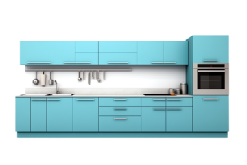 a blue kitchen with stainless steel appliances