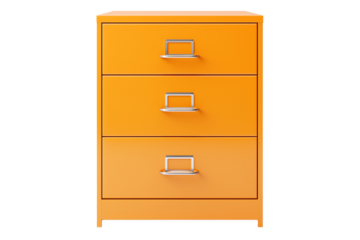 an orange file cabinet with silver handles