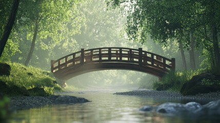 Fototapeta premium Tranquil Wooden Bridge over Serene Stream in Misty Forest
