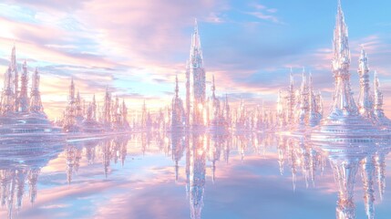 Naklejka premium Futuristic Metropolis: Neon Cityscape with Crystal Spires and Liquid Metal Streets | Ultra-Detailed Sci-Fi Dreamscape Concept