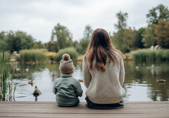 Fototapeta premium Mother and child sit by a peaceful lake, watching ducks together.