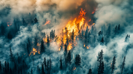 Aerial view of a raging forest fire engulfing trees in smoke and