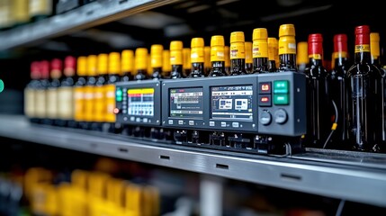 High-tech equipment monitoring wine bottles on a retail shelf in a modern store