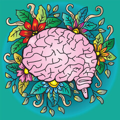 Human brain with flowers. Hand drawn vector illustration for your design.