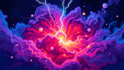 Obraz premium cosmic energy explosion with vibrant, swirling nebula clouds that resemble wispy silk fabric, infused with iridescent hues of electric blue, rich purple, and fiery crimson, against a deep, starry nigh