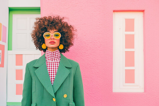 Fototapeta portrait of a person with curly hair, dressed in  checkered green coat, standing confidently fashion editorials, street photography, artistic portraiture, urban  campaigns, modern